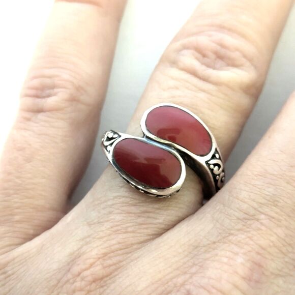 CHAPAL ZENRAY 925 Sterling Silver Coral Bypass Vintage Ring Size 6.75-7 - Picture 2 of 9